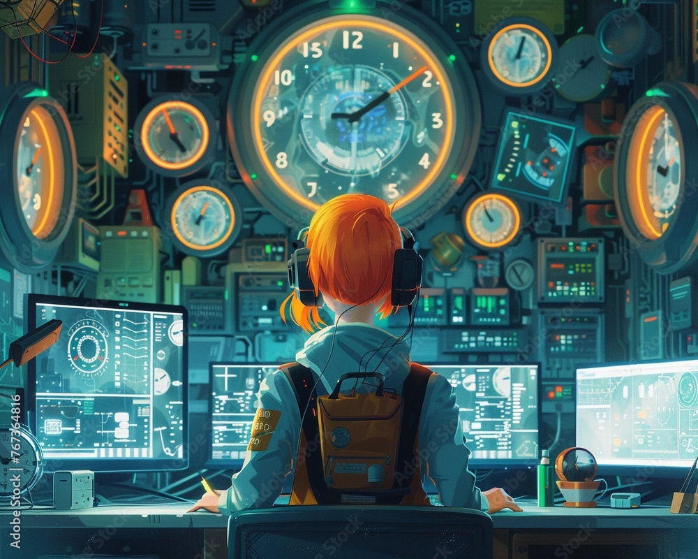 Imagine a character with tangerine hair and cobalt blue skin practicing time management techniques in a digitally enhanced study room. They sit at a futuristic desk - obrazy, fototapety, plakaty 