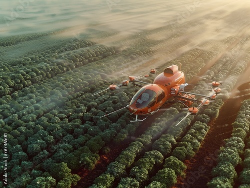 A red drone is flying over a field of green plants. The drone is equipped with a sprayer and is spraying the plants with water. The scene is peaceful and serene