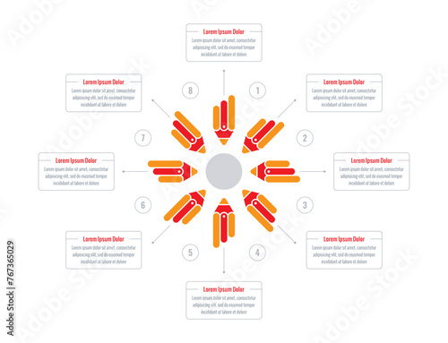red-orange pencils infographic template. eight options briefing template. Infographic template for education, healthcare, business, technology, science world