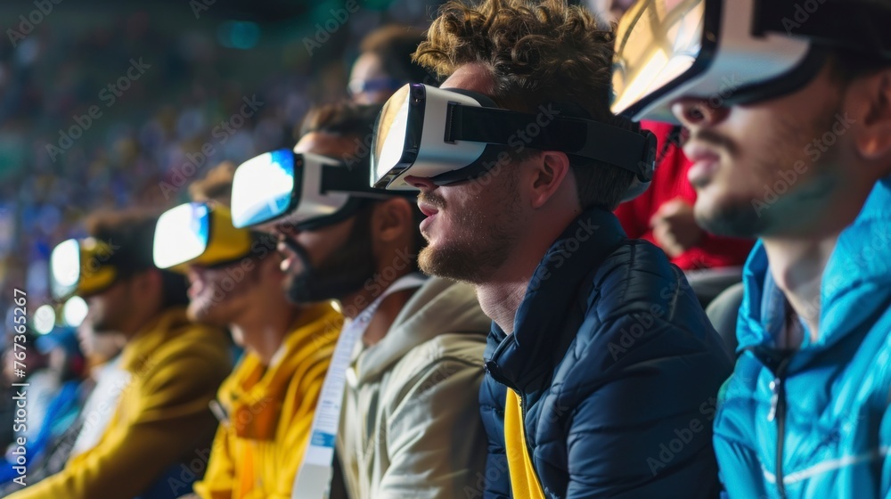 fans watching a football match with virtual reality glasses in a stadium in the stands fans watching a football match with virtual reality glasses in a stadium in the stands