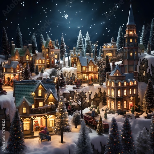 Miniature Christmas village in the snow. 3d render illustration.