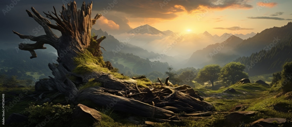 A lone tree stump sits in a vast field with majestic mountains in the background, creating a picturesque natural landscape worthy of an art painting