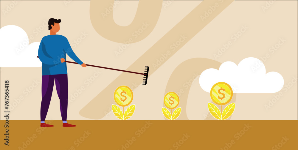 man farming money. Vector illustration - Investment, savings growth.