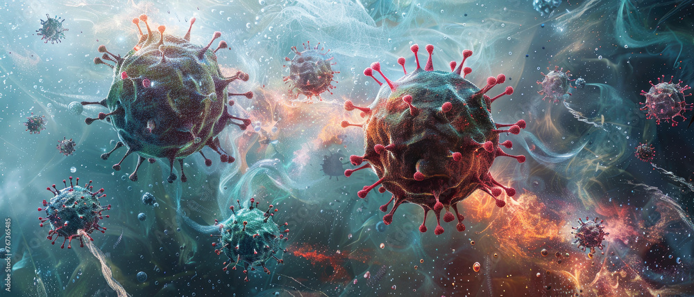 Viruses inside cell, microscopic view of biological tissue, abstract ...