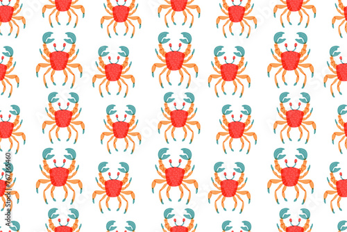 Seamless pattern with cute cartoon crab. Vector crawfish background.