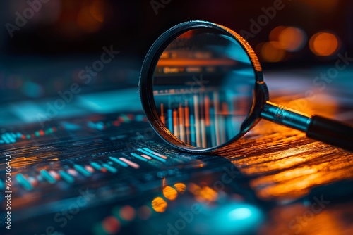 magnifying glass on background with report chart and graph, business data analysis, stock finance, investment management concept 