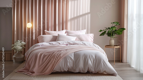 A serene bedroom setting with luxurious bedding ,ai © Alona