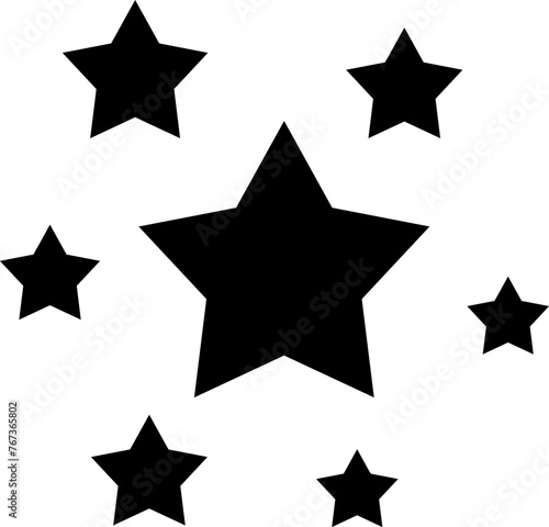 Set vettoriale in bianco e nero di stelle a cinque punte di varie dimensioni