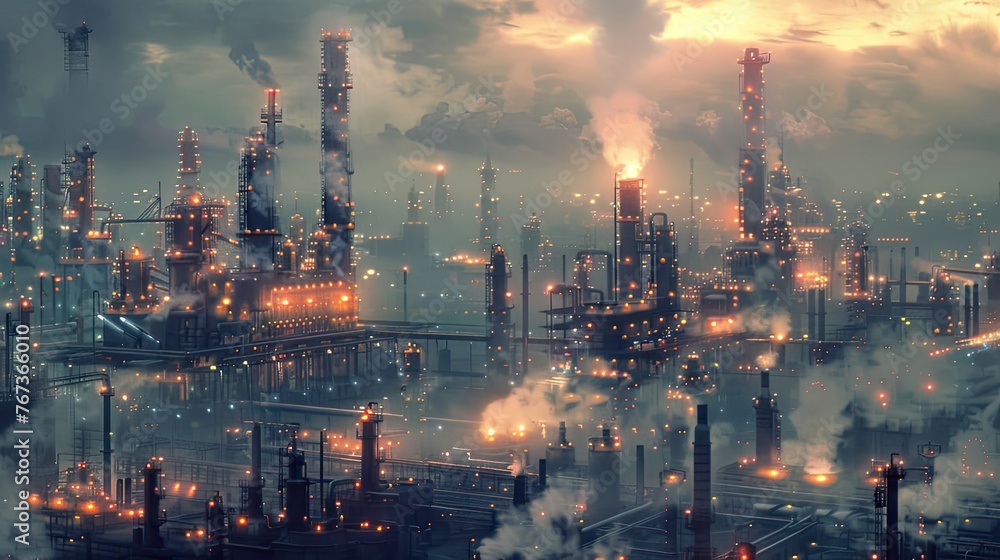 a massive industrial refinery, featuring intricate piping systems and engulfed in a chemical haze, illuminated by the artificial glow of halogen lights, in a realistic photo.