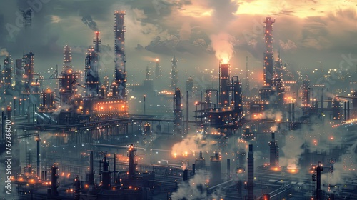 a massive industrial refinery  featuring intricate piping systems and engulfed in a chemical haze  illuminated by the artificial glow of halogen lights  in a realistic photo.