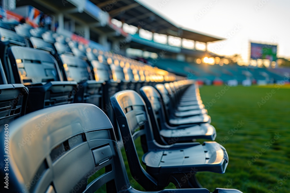 Fototapeta premium Seats of black tribune on sport stadium. empty outdoor arena. concept of fans. chairs for audience. cultural environment concept. color and symmetry. empty seats. modern stadium
