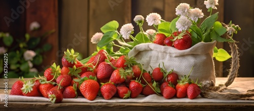 Delicious strawberries and colorful flowers displayed in a basket on a rustic wooden table, perfect for a natural foods inspired event or recipe