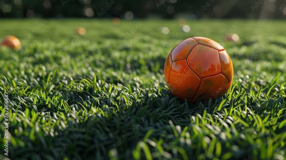 Green football field, orange ball Green football field, orange ball