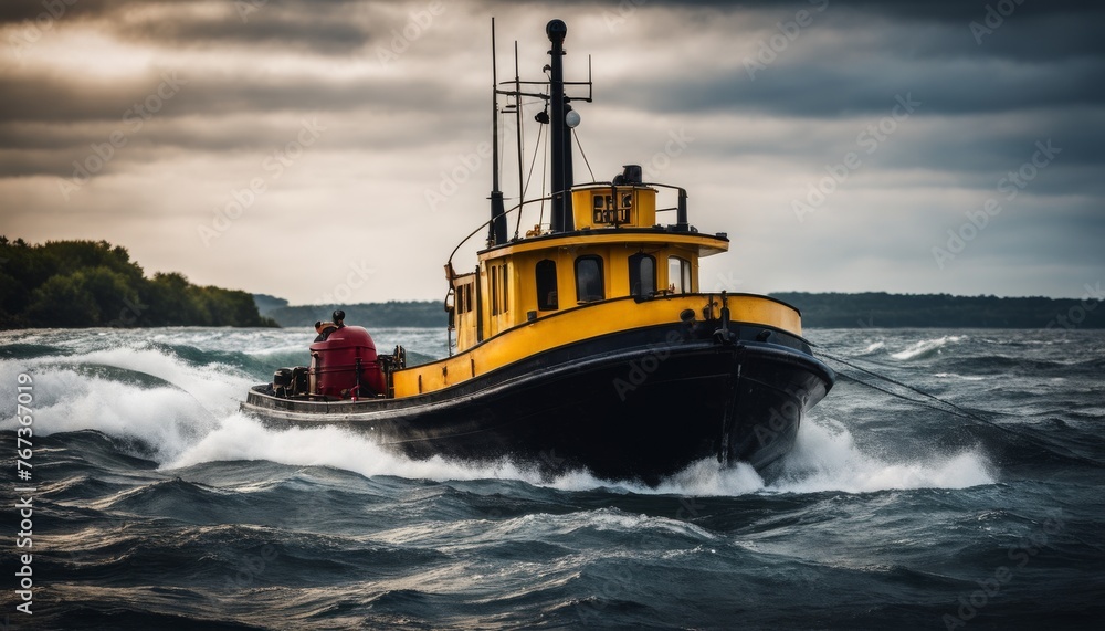 A sturdy yellow tugboat cuts through turbulent waters, a symbol of resilience and determination against the forces of nature. - obrazy, fototapety, plakaty 