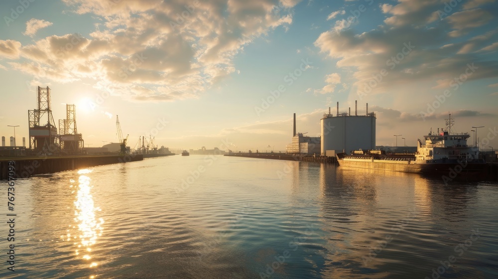 A serene late afternoon scene showcasing a view of the riverbank, where a nuclear reactor