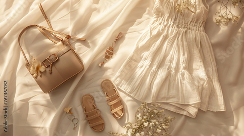 An elegant summer evening flat lay including a light linen dress a pair of sandals a clutch and delicate jewelry on a soft pastel background.