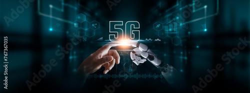 5G: Integration of Robot and Human Hands Touching 5G Global Network Connection, Advancing Connectivity, Revolutionizing Communication, Embracing Future Digital Technologies.