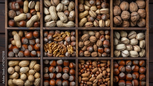 nuts, such as walnuts and hazelnuts, presented in wooden boxes, with a background of various whole peanuts arranged on the table, in a high-angle view realistic photo.