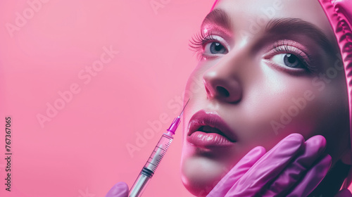 Close-up portrait of young beautiful woman getting botox injection in her face on pink background. Cosmetology and plastic surgery concept.