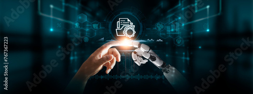 Document Management: Hands of Robot and Human Touch Document Management of Global Networking, Organizing Data, Ensuring Security, Leveraging Digital Technologies of Future. © AD