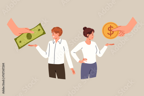 Difference in salary of two employees is caused by receiving different money for performing professional duties. Woman receives lower salary than man due to discrimination and sexism in company