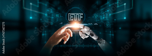 ETF: Hands of Robot and Human Touch Exchange Traded Fund of Global Networking, Investment Opportunities, Diversification, Embracing Digital Technologies of Future.