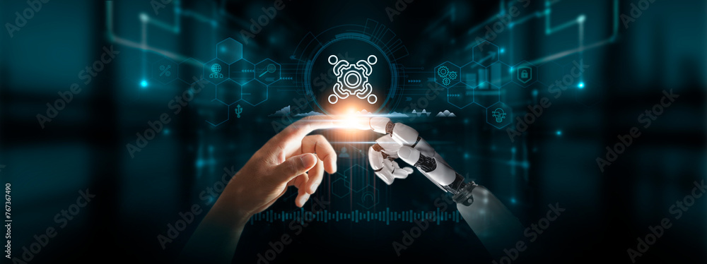 Teamwork: Hands of Robot and Human Touch Teamwork Icon of Global Networking, Innovation, Advancement, Embracing Digital Technologies of the Future.