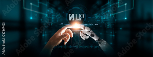 NLP: Synergy of Human and Robot Hands Touch Natural Language Processing of Global Networking, Facilitating Communication, Enhancing Efficiency with Advanced Digital Technologies of Future. photo
