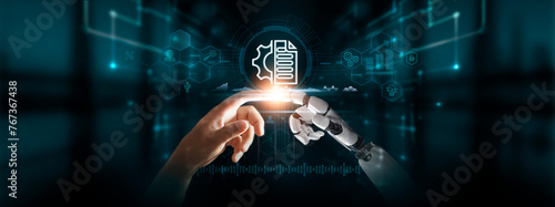 Project Management: Hands of Robot and Human Touch Project Management Icon of Global Networking, Strategic Planning, Integration of Cutting-Edge Digital Technologies of Future. photo