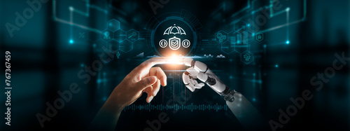 Security and Assurance: Hands of Robot and Human Touch Security and Assurance Icon of Global Networking, Ensuring Safety, Reliability, and Confidence in Digital Technologies of the Future.