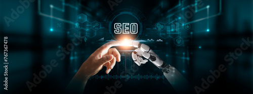 SEO: Collaboration, Hands of Robot and Human Touch SEO Icon of Global Networking, Optimizing Search Results, Implementing Keywords, Embracing Digital Technologies of the Future.