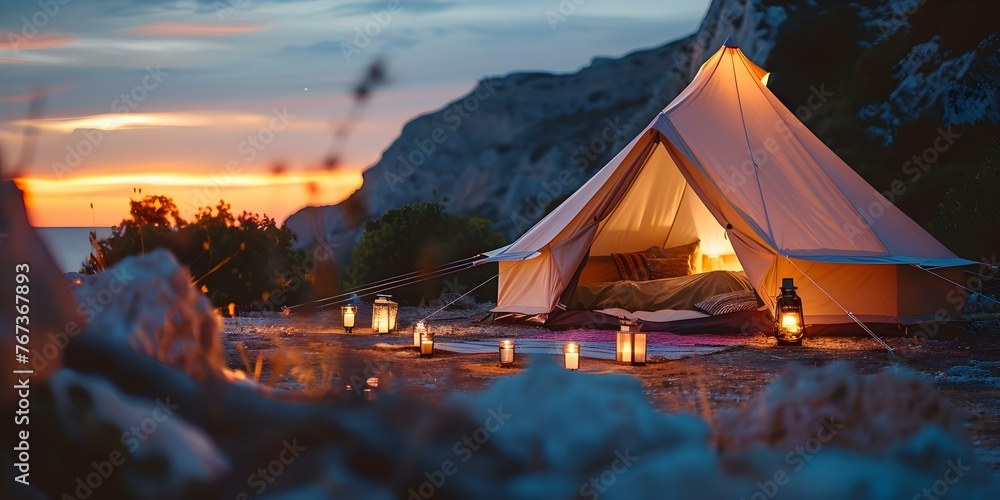 Millennial trend: Cozy glamping tent with candles against a stunning mountain sunset, perfect for staycation in nature. Concept Travel, Glamping, Staycation, Mountains, Sunset