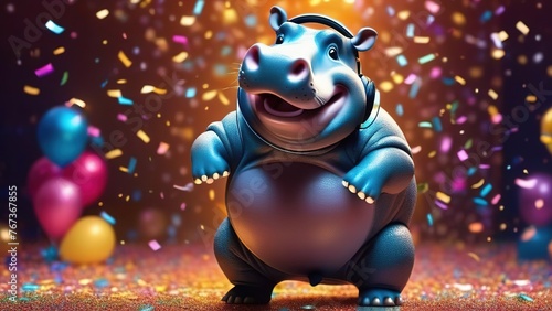 happy hippopotamus dancing against the background of confetti and balloons, funny hippopotamus dancing and having fun