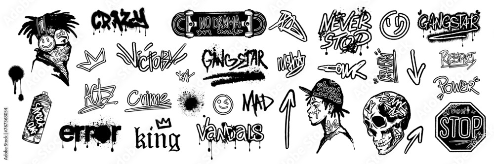 Graffiti urban sticker set, spray calligraphy print, vector street art splatter tags, rapper face. Hip-hop skateboard culture tattoo, black young guy, skull, arrow. Graffiti urban textile design