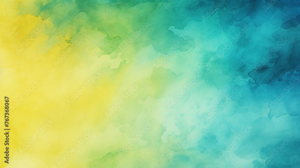 Abstract watercolor paint of yellow, green and blue teal texture painted on a white canvas.