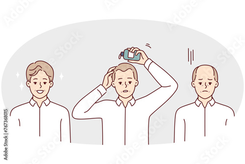Man using hair growth gel rejoices after seeing good result of cosmetic product. Sad guy uses cream to get rid of baldness on head and get desired bouffant hairstyle. Flat vector illustration