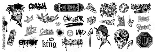 Graffiti urban sticker set, spray calligraphy print, vector street art splatter tags, rapper face. Hip-hop skateboard culture tattoo, black young guy, skull, arrow. Graffiti urban textile design