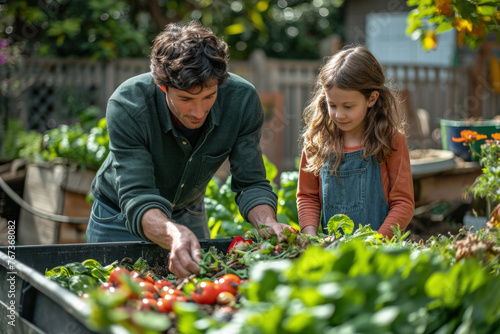 Father and Daughter Composting Together, Backyard Food Waste Reduction