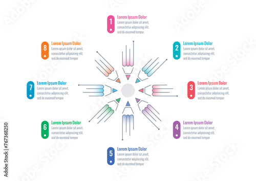 rotating colored pencils infographic template. magazine, annual report infographic template. eight steps briefing template