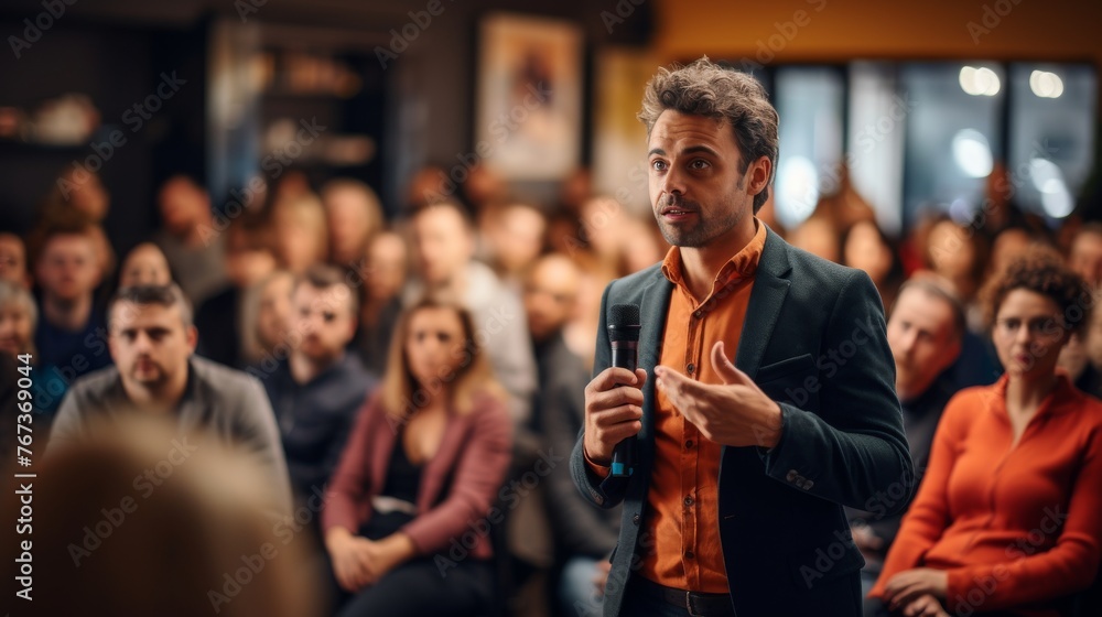 Engaging Speaker at a Public Event. A charismatic speaker engages with an audience during a lively public speaking event.