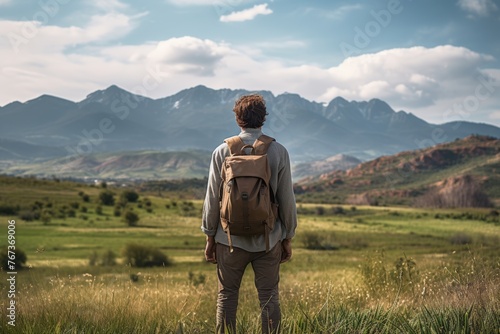 Contemplating the Journey Ahead. A young traveler gazes at majestic mountains, contemplating the vastness before him, with a sense of adventure and contemplation.