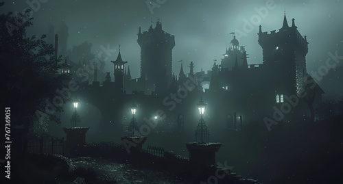 vampire castle at night with street lamps photo