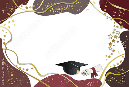 Graduation higher education greeting card or graduation party invitation template .Burgundy color graduation background with cap, diploma and frame decorated ribbons sparkles and stars . Flat lay. photo