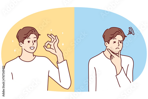 Entangled in threads of man puzzled touches chin then smiles and shows OK gesture. concept of positive thoughts during difficult situations and ability to cope with stress. Flat vector design