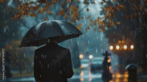 man with a suit and an umbrella in a cemetery with drizzle  dark day