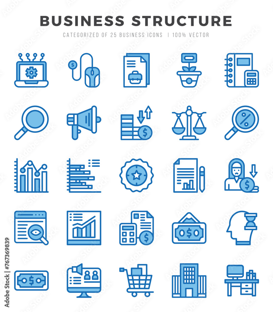 Business Structure Icons Pack. Two Color icons set. Two Color icon collection set.