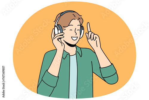Overjoyed man in wireless headphones listen to music. Smiling guy in earphones have fun enjoying good quality sound. Vector illustration.