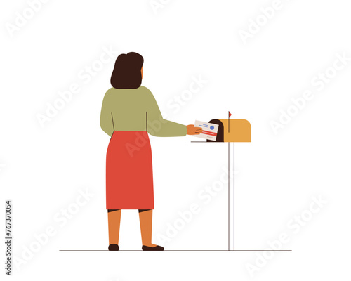 Woman votes by mail. Back view of female who is putting envelope in mailbox. Voting and Election concept. Pre-election campaign. Vector illustration