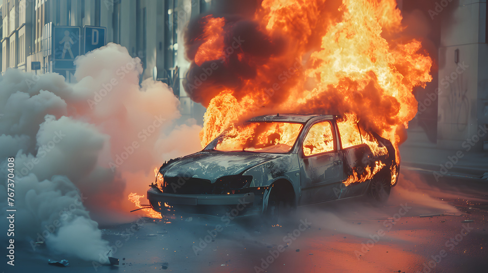  Dramatic intense scene of a burning car engulfed in flames amidst the street or yard, conveying urgency and danger - obrazy, fototapety, plakaty 