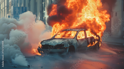  Dramatic intense scene of a burning car engulfed in flames amidst the street or yard, conveying urgency and danger